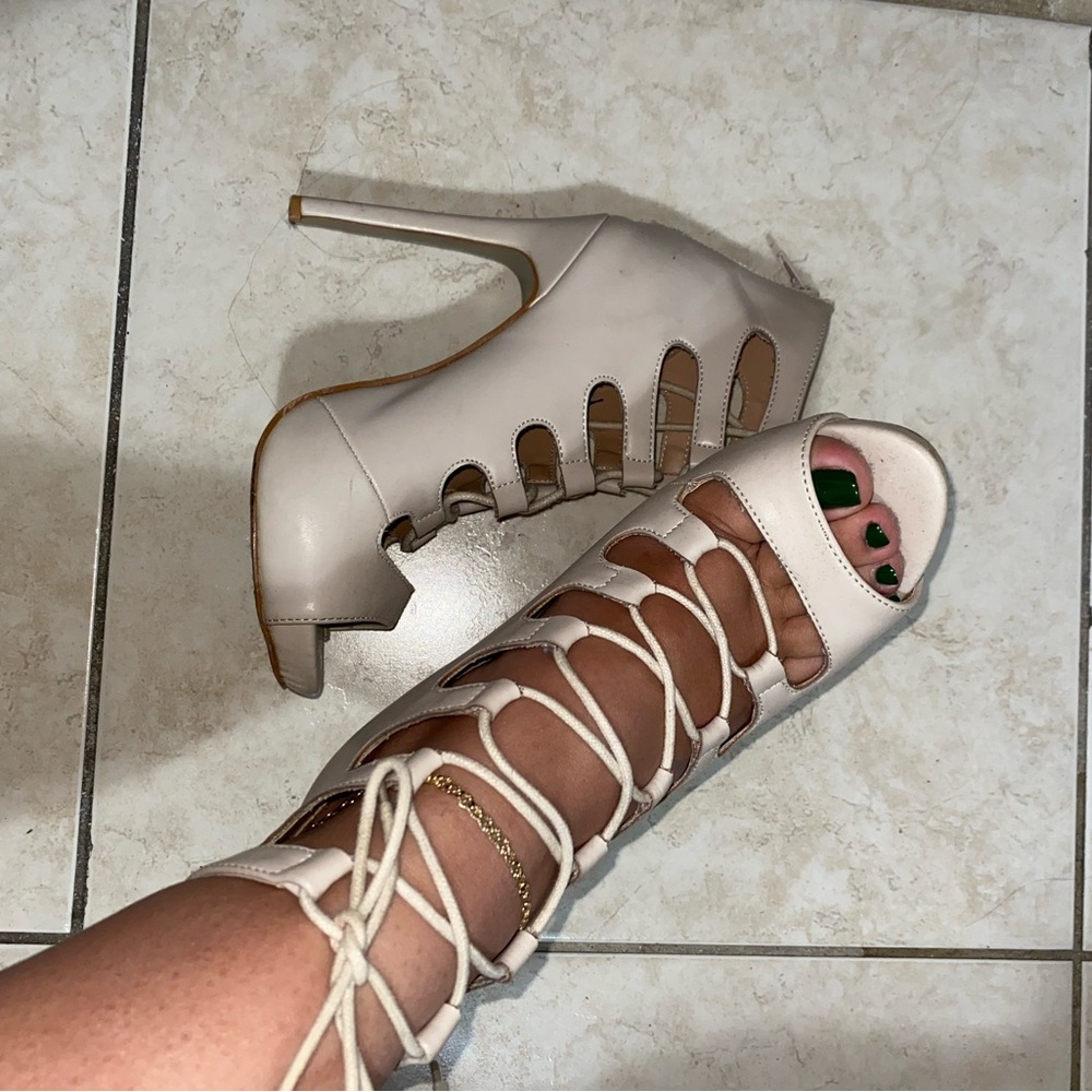 Beige laced up heeled sandals